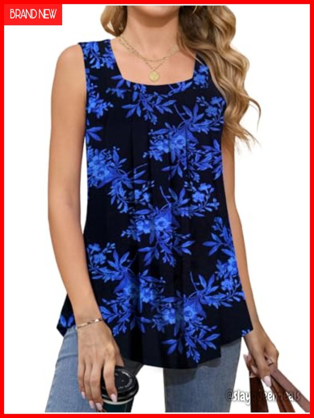 Women's Sleeveless Square Neck Pleated Flowy Tank Top Summer Casual